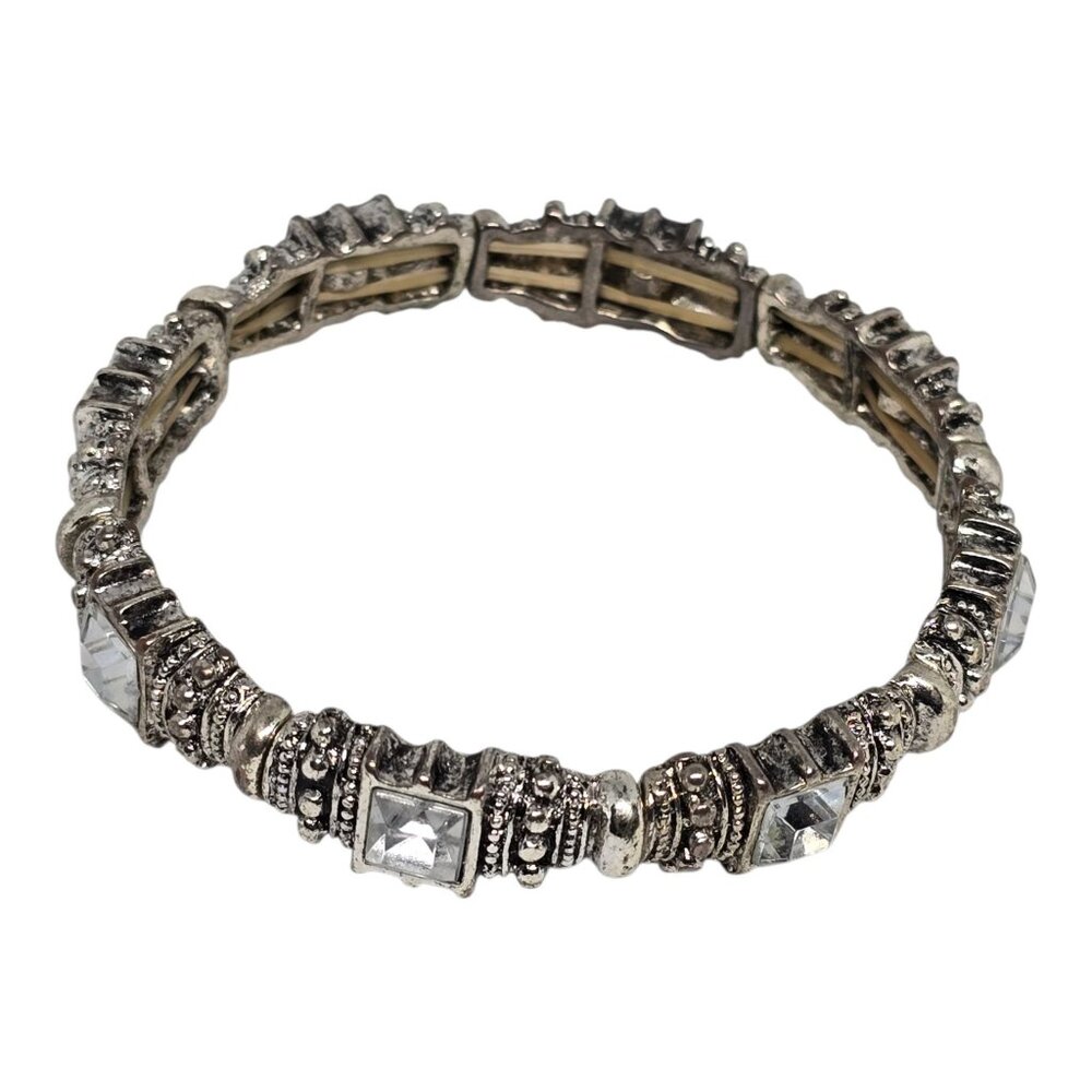 Vintage Silver Tone Stretch Bracelet Clear Rhinestone Crystal Square Ornate